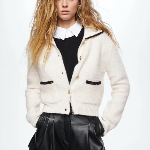 Mango Cream Cardigan with Black Trim and Gold Buttons - Size XL - Picture 1 of 6